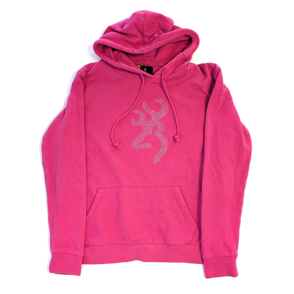 Browning For Her Pink Rhinestone Buckmark Logo Hoodie Sweatshirt Medium
